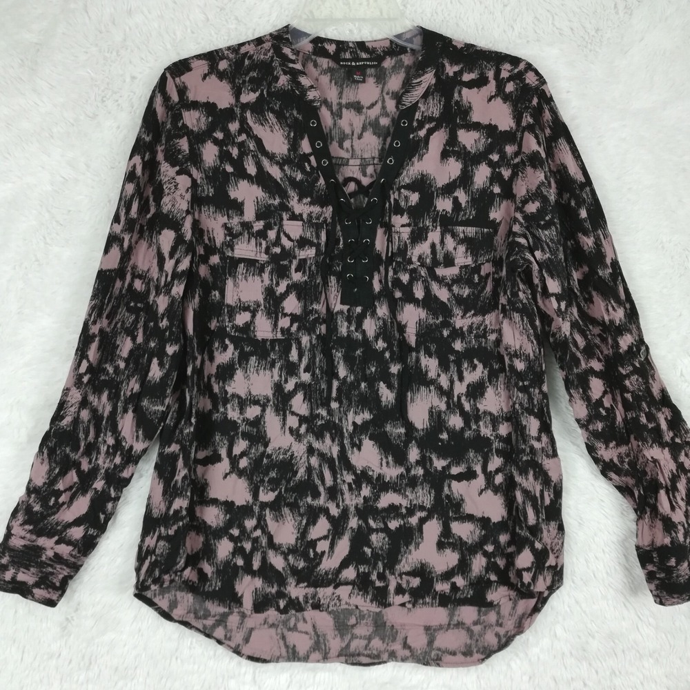 Rock & Republic Shirt Womens Blouse Lace Pink Black Print Roll Tab Sleeve M